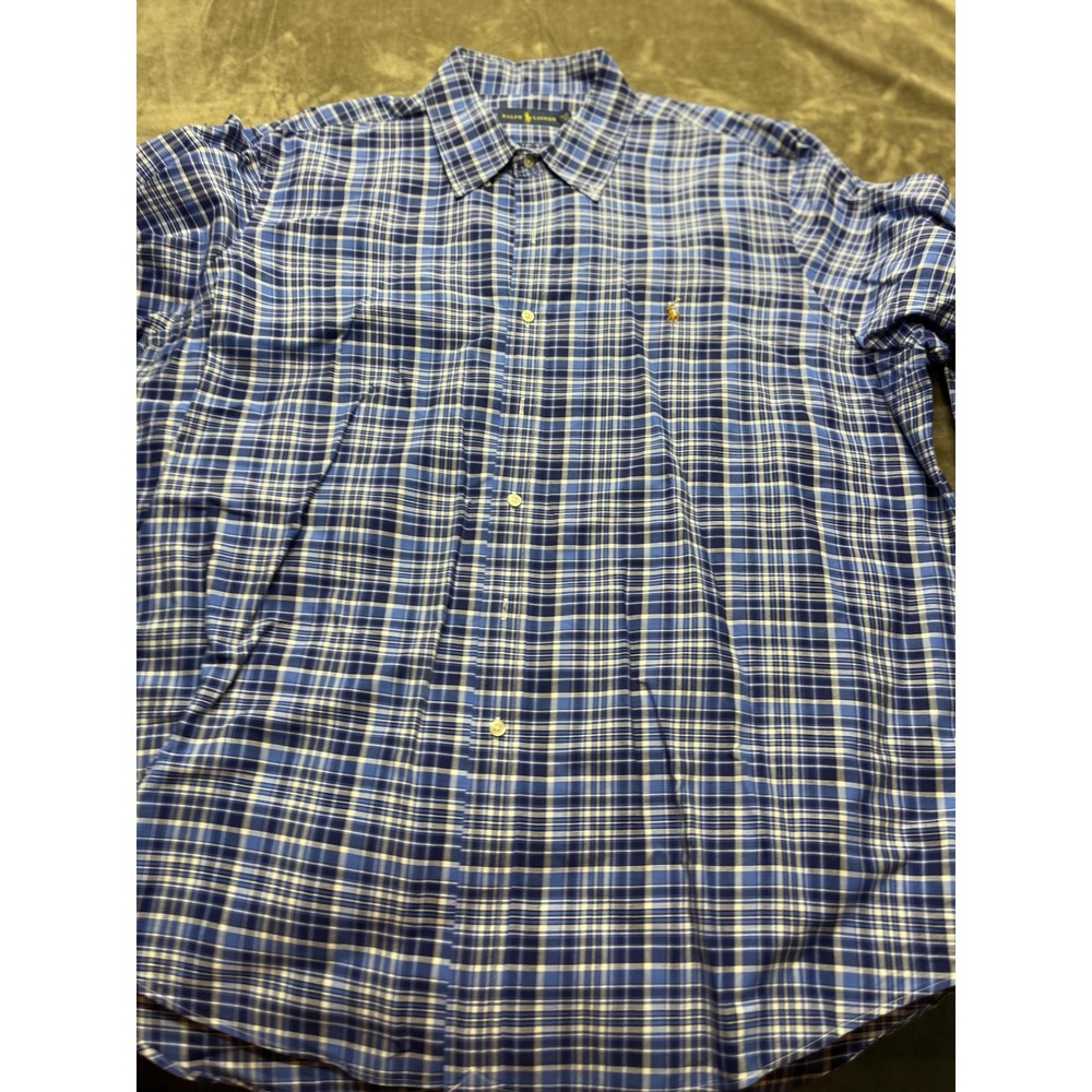 Ralph Lauren Mens XXL Blue White Plaid Long Sleeve Button Down Shirt Cotton